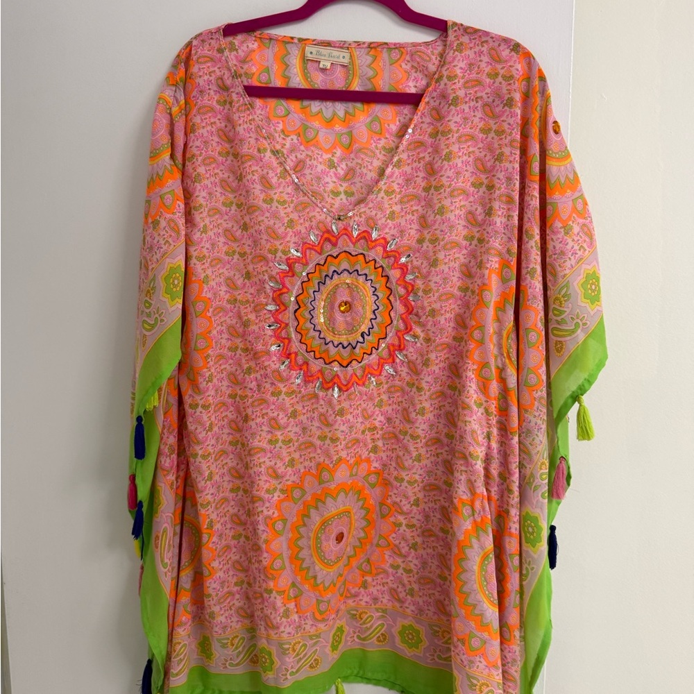 Boho V-Neck Pink Paisley Kaftan Top